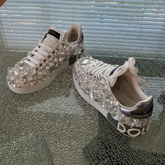 Dolce & Gabbana Portofino Crystal Embellished Leather Sneakers - Picture 2 of 16